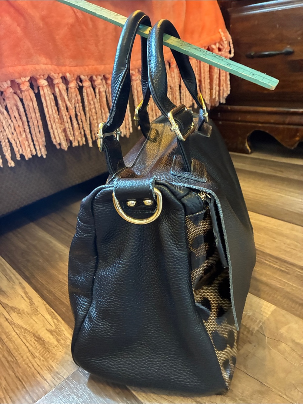 Structured Black Leather Satchel W/Leopard Accent Panel - Picture 2 of 16